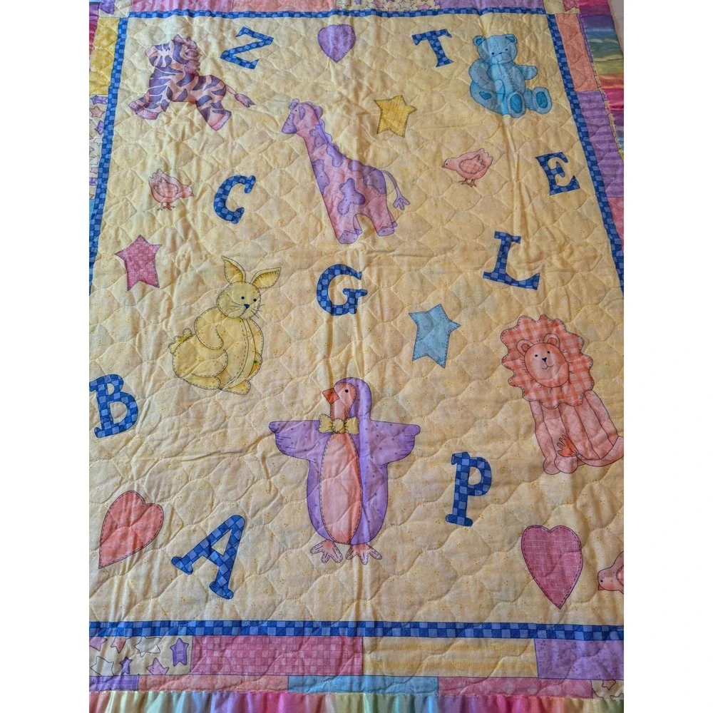 Vintage Alphabet Animal Baby‎ Quilt Yellow Rainbow Satin Edge Blanket